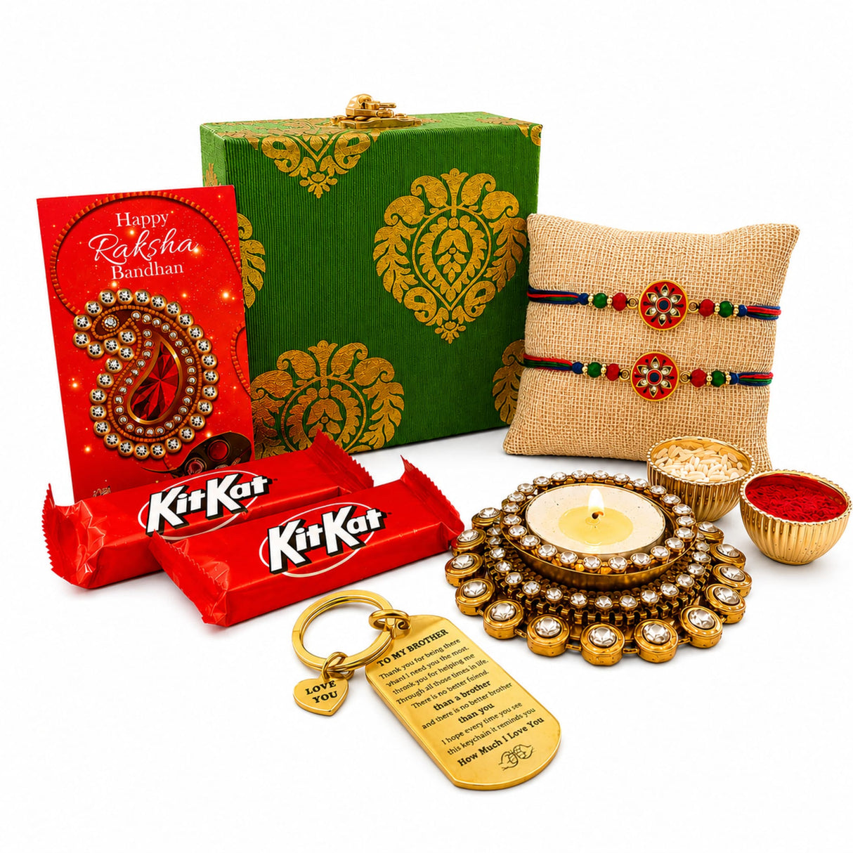 Gold-colored diamond-encrusted diya with lit candle in designer rakhi gift hamper for brother and bhabhi
