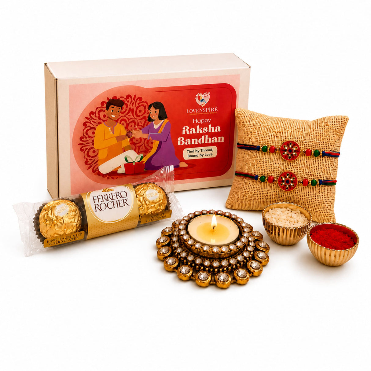 Gold-colored ornate diya candle holder with pearl embellishments in designer rakhi gift hamper for brother and bhabhi