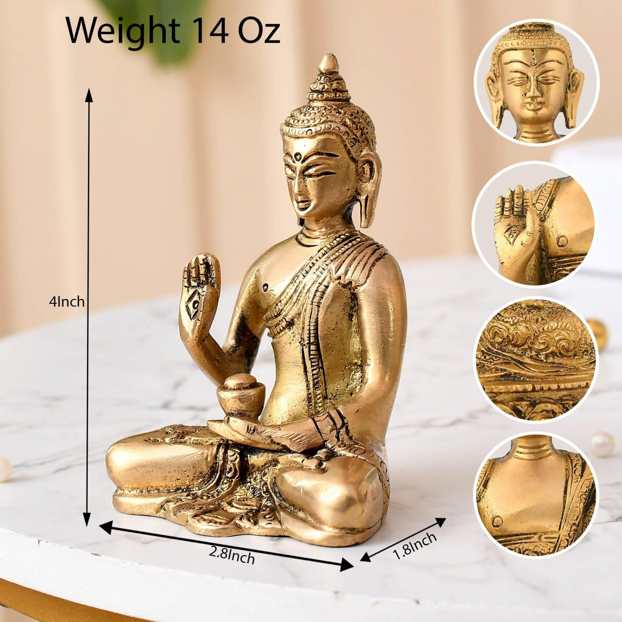 Buddha Statue 4 Inch Brass Buddha Idol Sculpture for Home Living Room Zen Decor - Perfect Gift for Spiritual Meditation Shrine - LoveNspire