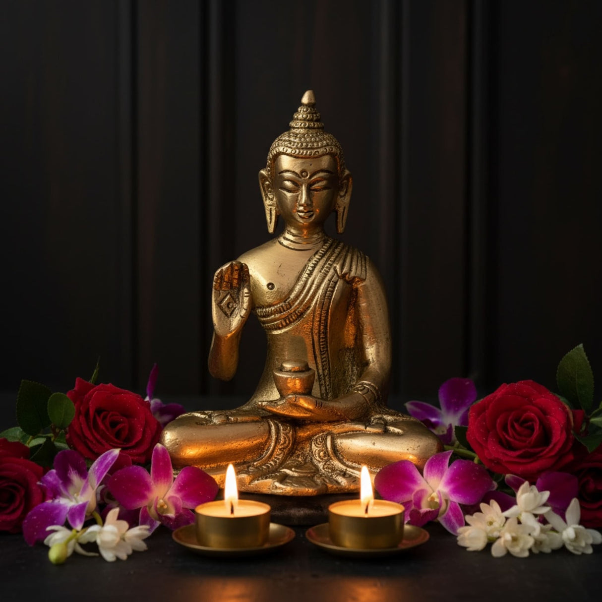 Golden Buddha statue with raised right hand and holding a bowl, ideal for Zen decor