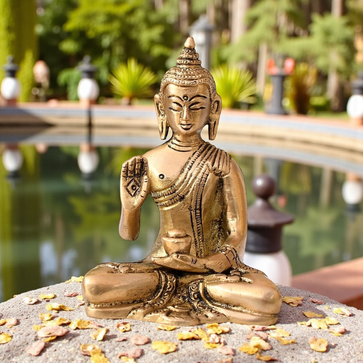 Brass Buddha statue in Abhaya mudra seated meditation pose for home Zen decor