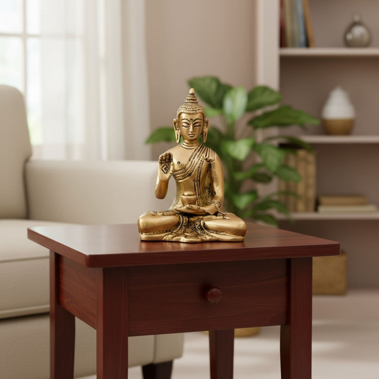 Golden brass Buddha statue in Abhaya mudra pose for home decor and spiritual meditation