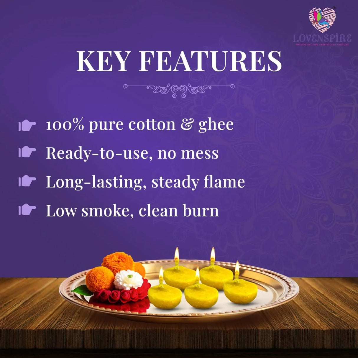 Pure Cow Ghee Wicks for Pooja Buffalo Diya Batti 35 Min Burning Time Butter Cotton Wick for Home Temple Pujan Readymade Wax Free Ghee Diya Jyot Diwali Wick Housewarming Return Gifts - LoveNspire