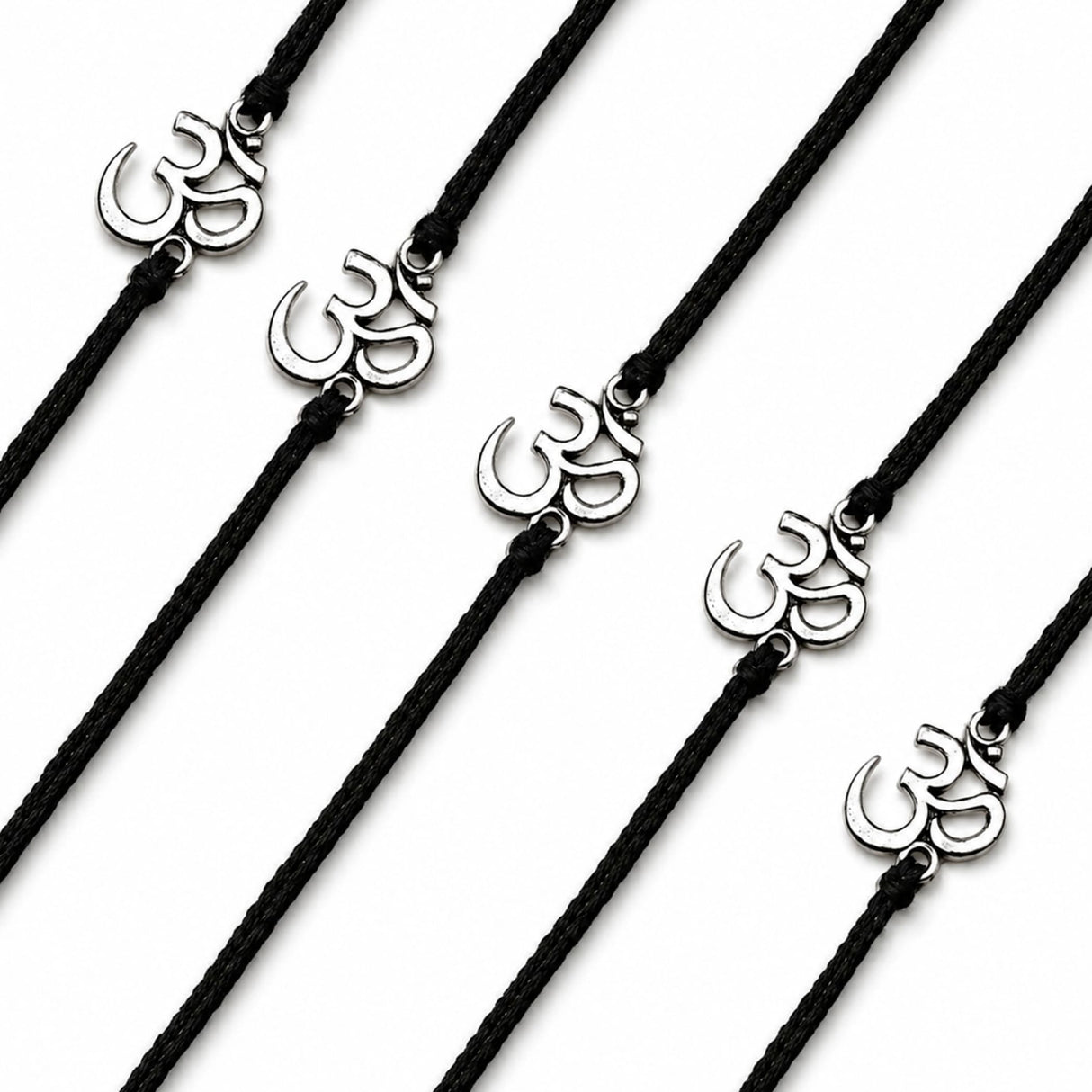 Silver om symbol charms on black cord bracelets bulk om rakhi for bhaiya and bhabhi traditional raksha bandhan jewelry