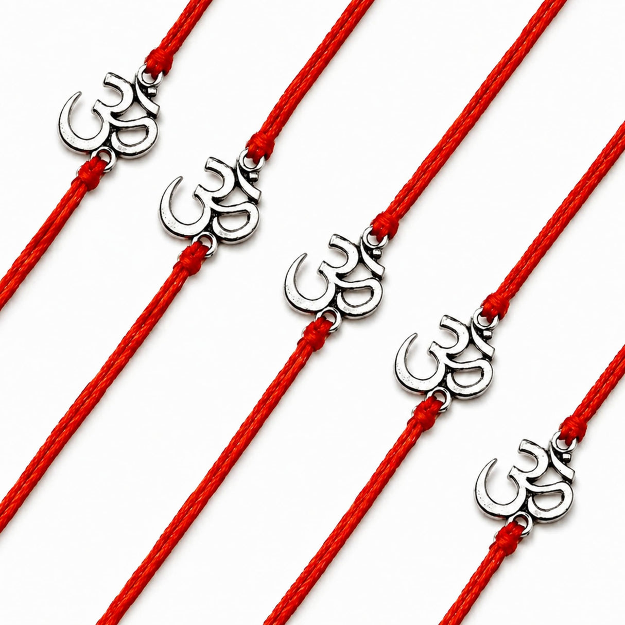Red cord rakhi bracelets with silver om symbol charms for bhaiya and bhabhi traditional raksha bandhan gift