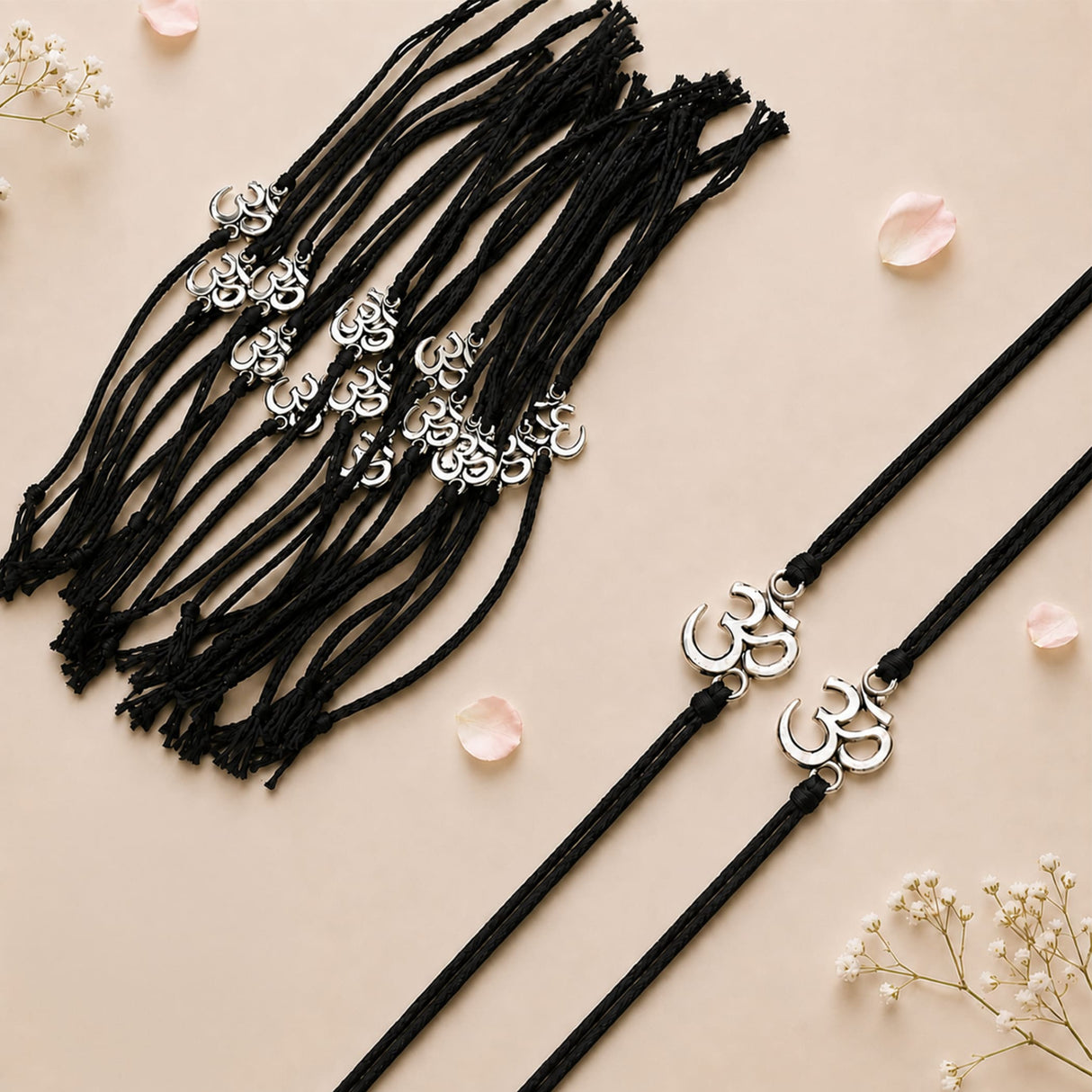 Black cord bracelets with silver om symbol charms bulk om rakhi for bhaiya and bhabhi raksha bandhan gift