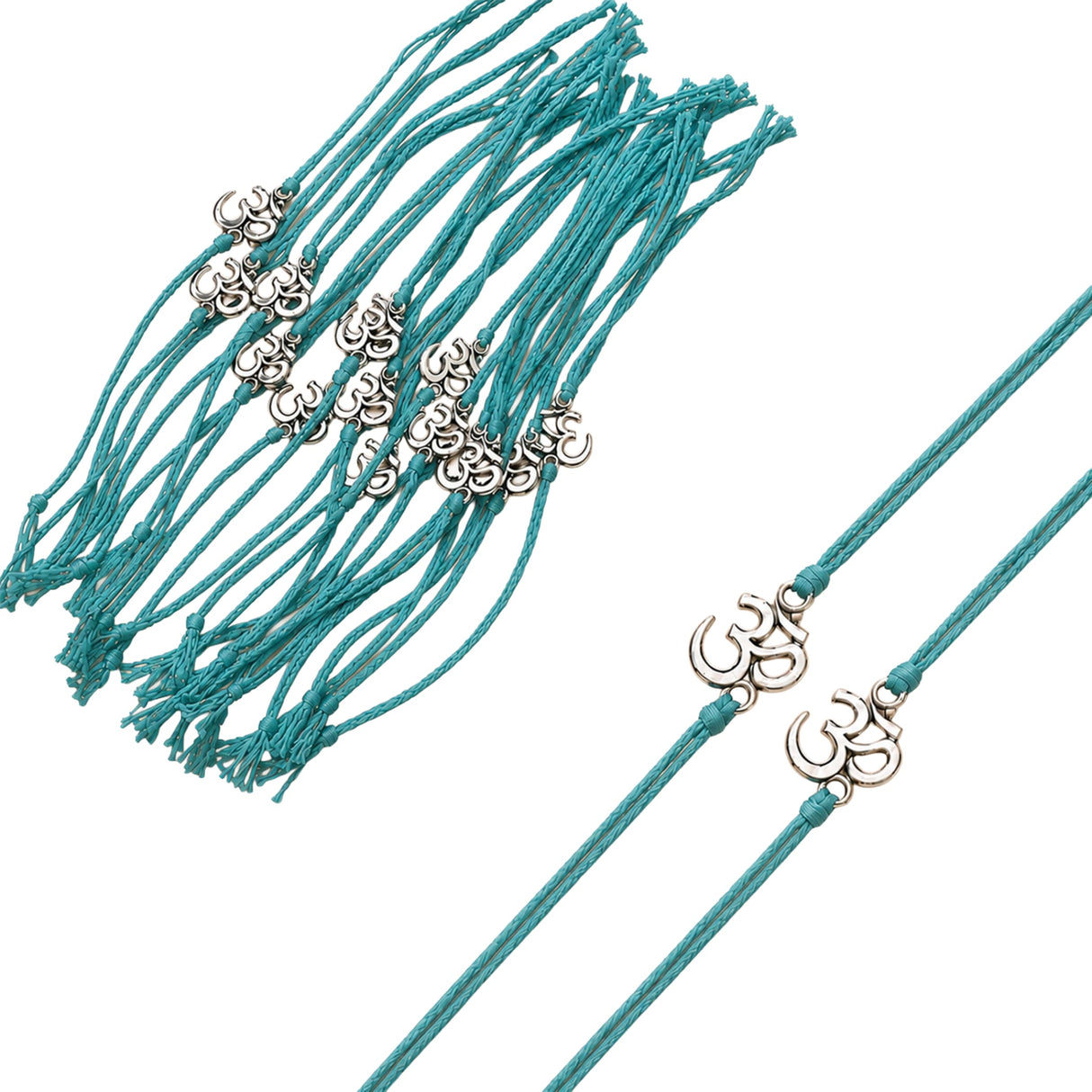 Teal-colored cord bracelets with silver-toned om symbol charms bulk rakhi for bhaiya and bhabhi traditional gift