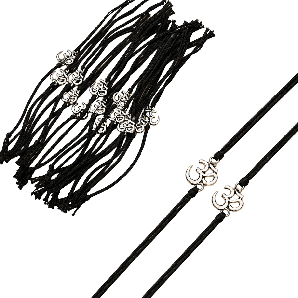 Black cord bracelet with silver-toned om symbol charm for traditional raksha bandhan gift and brother’s protection