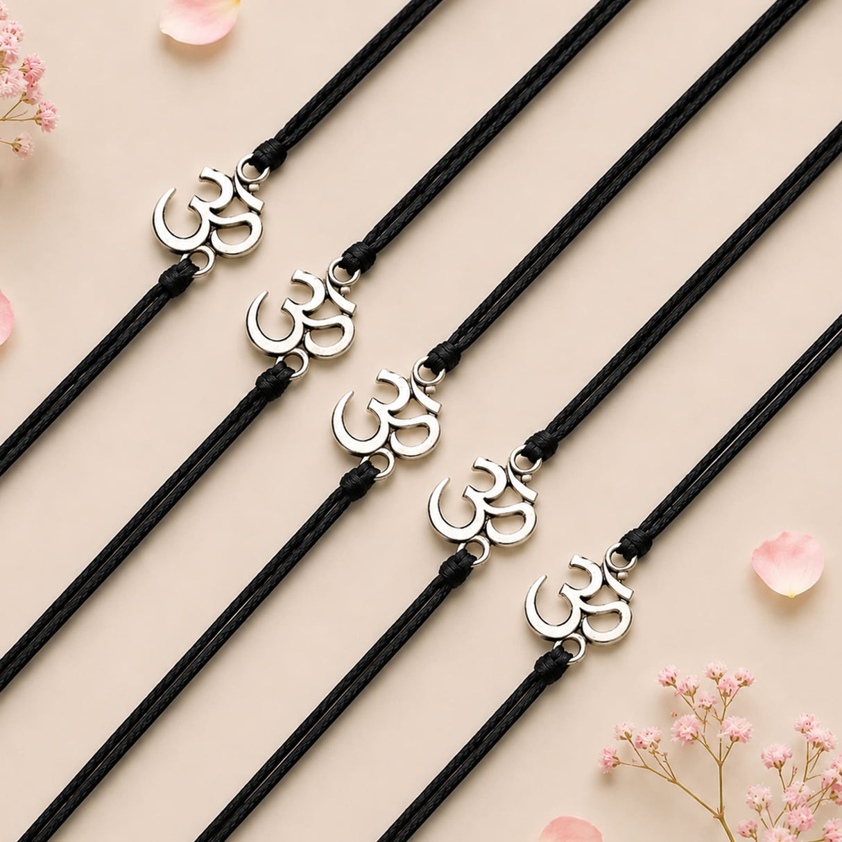 Black cord bracelet with silver om symbol charm for bhaiya and bhabhi raksha bandhan gift for protection and luck
