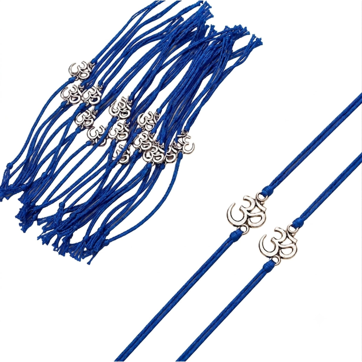 Blue cord rakhi bracelets with silver-colored om symbol charms for bhaiya and bhabhi protection and good luck gift