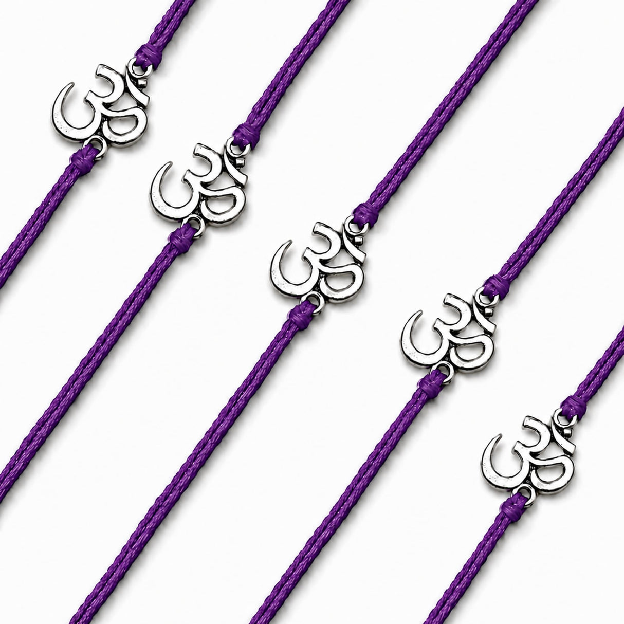 Purple cord rakhi bracelet with silver-colored om symbol charm for brother protection and good luck gift