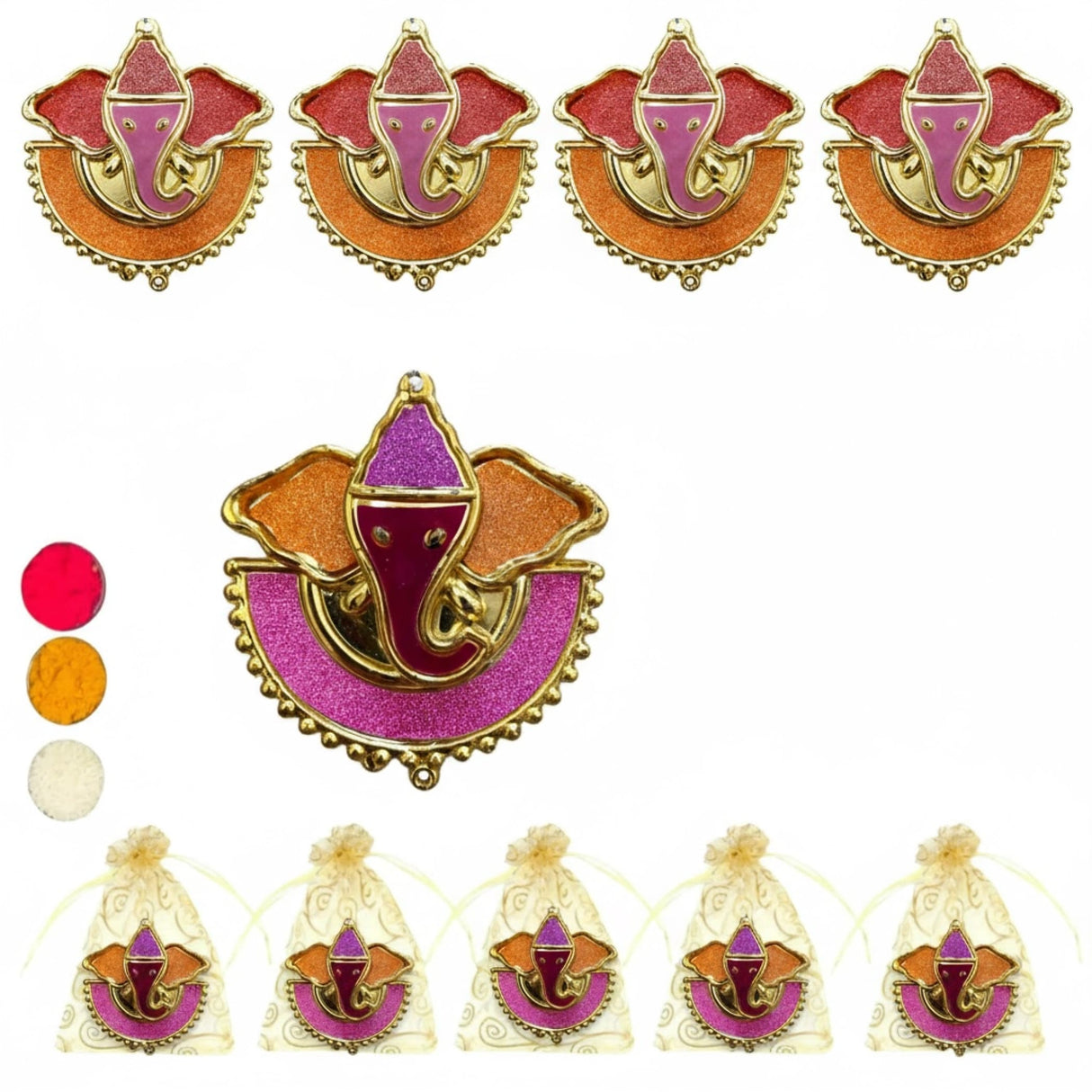 Gold and pink elephant-shaped brooches with intricate designs for Indian festival decor