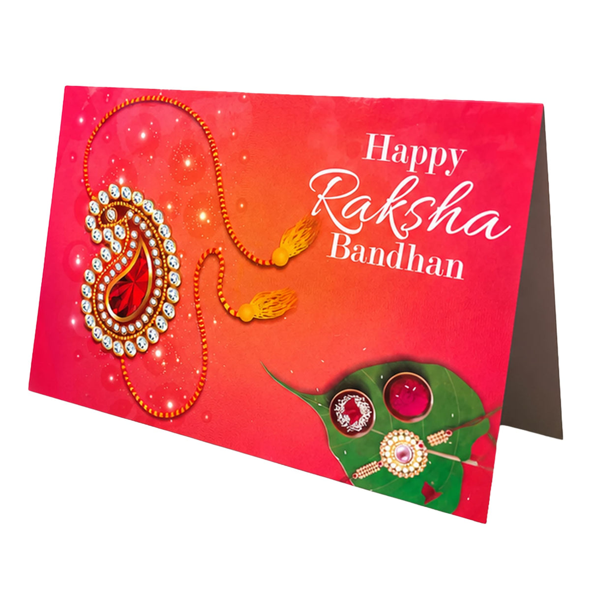 Vibrant red bulk rakhi greeting card set featuring a gold and white jeweled rakhi with orange tassels and green leaf motifs