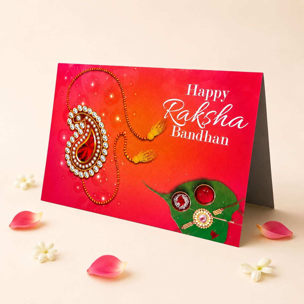A vibrant red bulk rakhi greeting card set featuring gold diamond-encrusted rakhi design with green leaf motifs