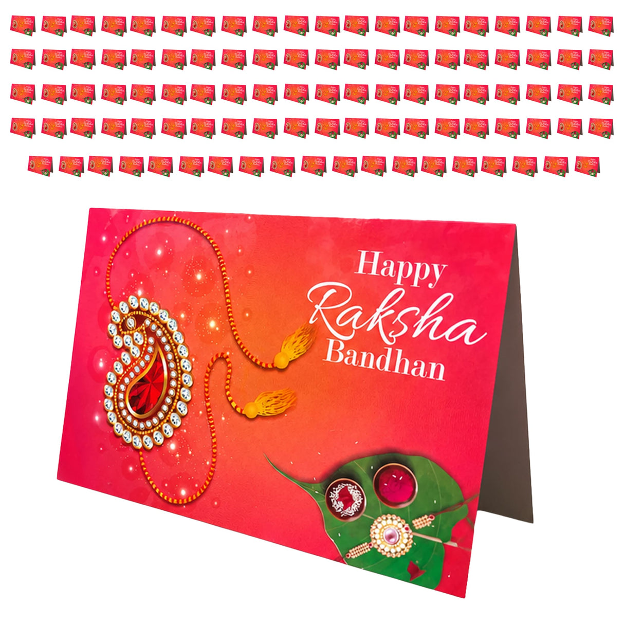 Red happy raksha bandhan greeting card with gold red paisley necklace and green leaf rakhi for sibling bond gift set