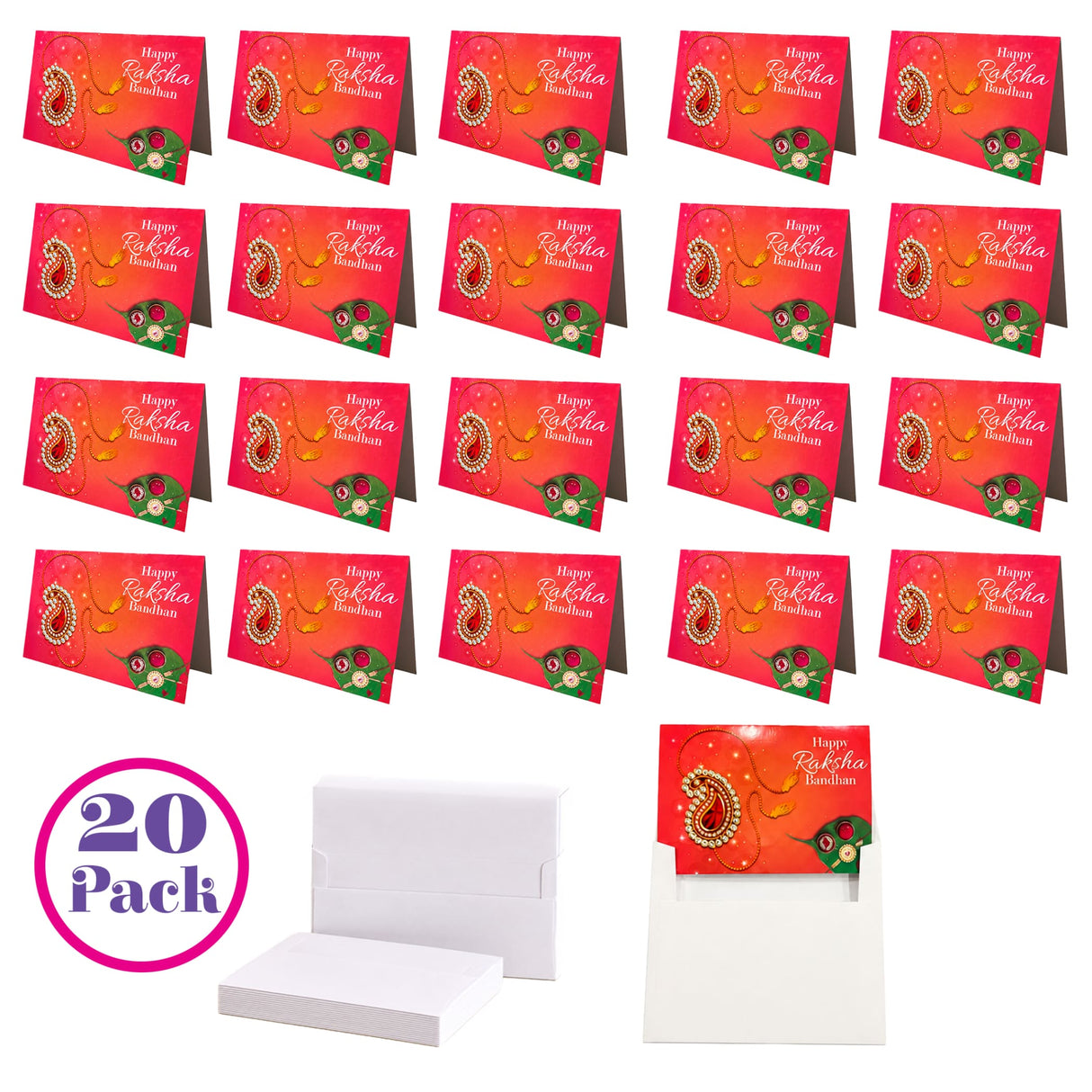 Red happy raksha bandhan greeting cards with gold and green paisley designs in a 20-pack for sibling bond gifts