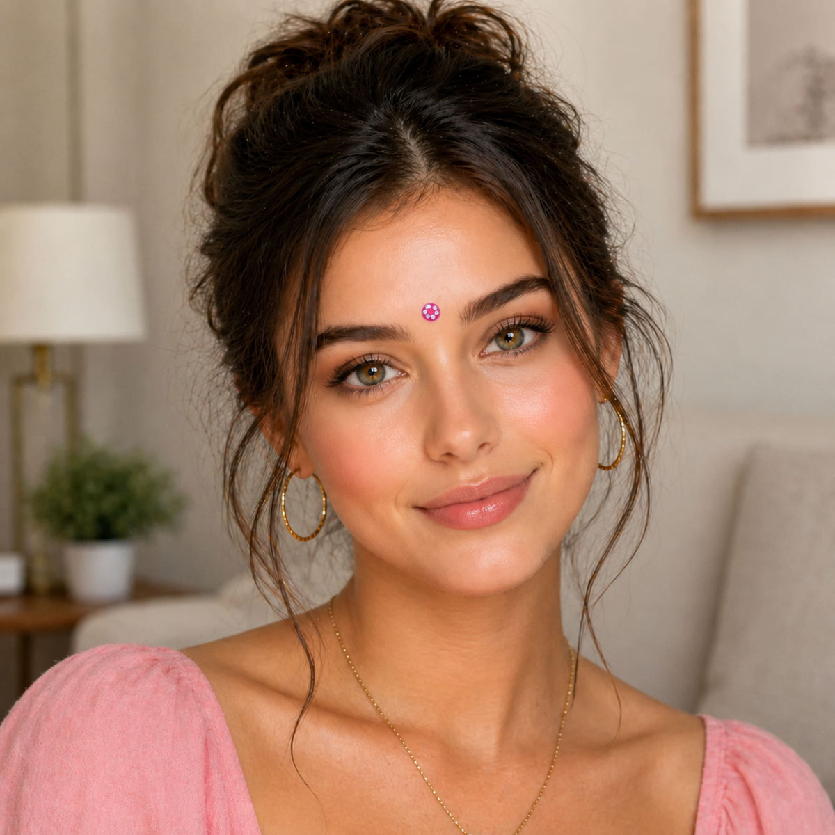 A woman wearing a pink top with puffy sleeves showcasing bulk indian bindi booklets for bridal and festival wear