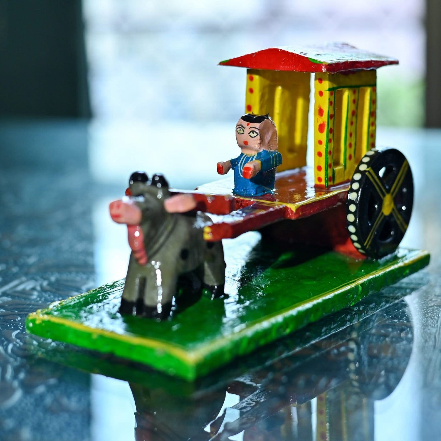 Colorful wooden toy ox cart for Indian Kondapalli Golu home decor and gift display
