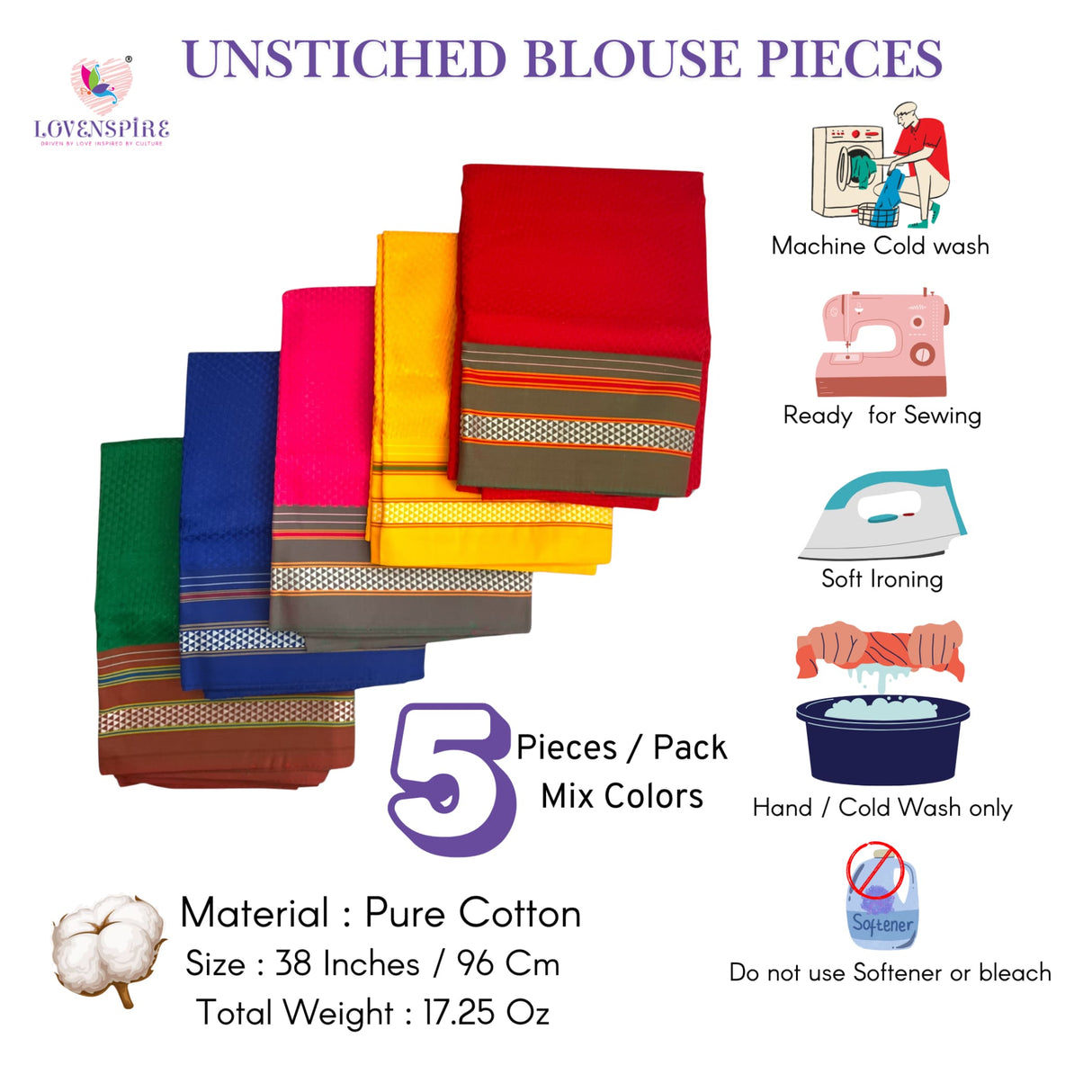 Colorful unstitched blouse pieces for traditional women’s attire in pure cotton fabric