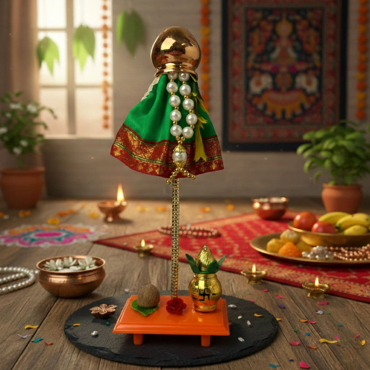 Golden ceremonial danda with green red cloth, pearls, gold details on 9inch Gudi Padwa gudi