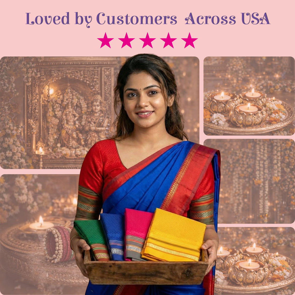 Woman in red blue sari holds tray of Khun pattern unstitched blouse pieces