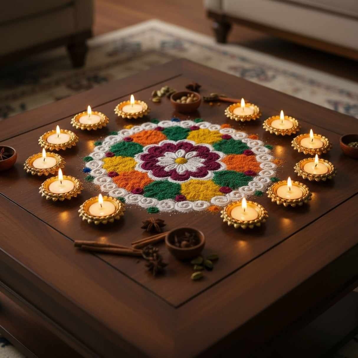 Colorful rangoli with lit diyas and spices on wooden table for Diwali celebration