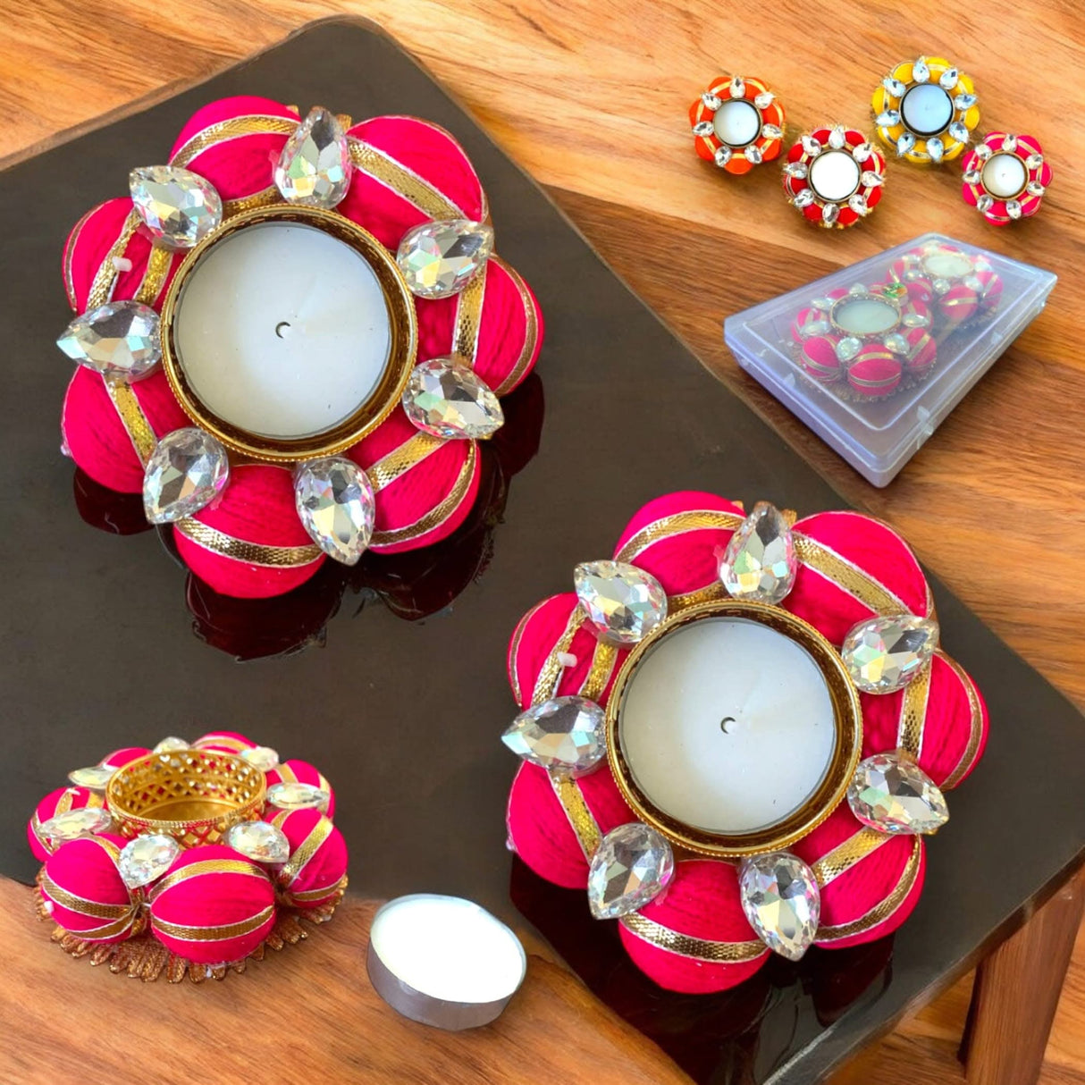 Pink and gold jeweled Tea Light Candle Holders for Indian decor and festive occasions