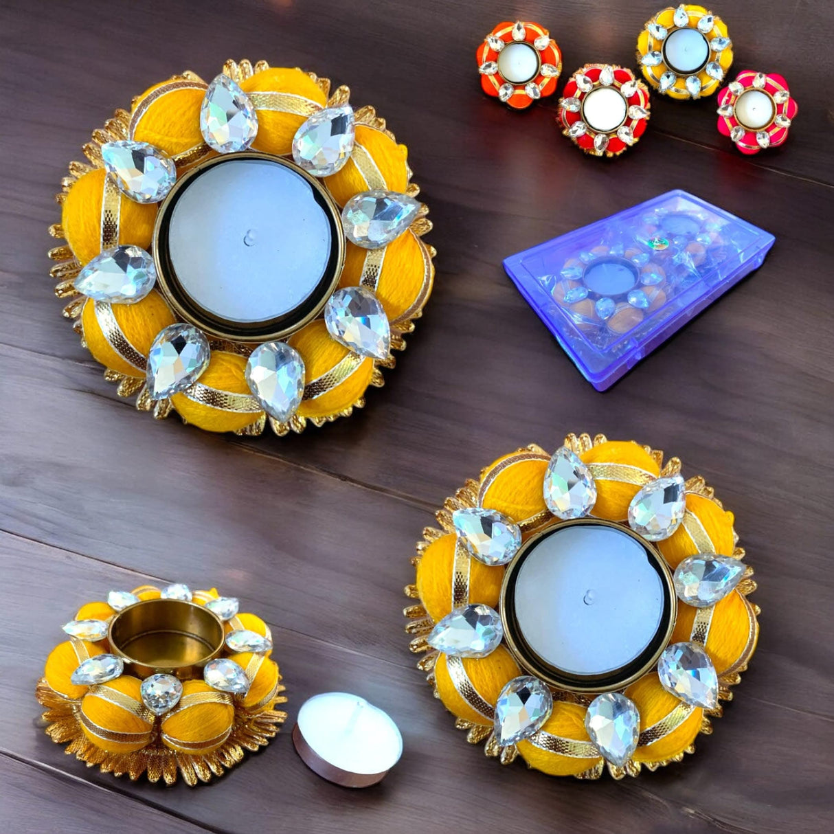 Yellow and jeweled Tea Light Candle Holders for Indian decor and festive occasions