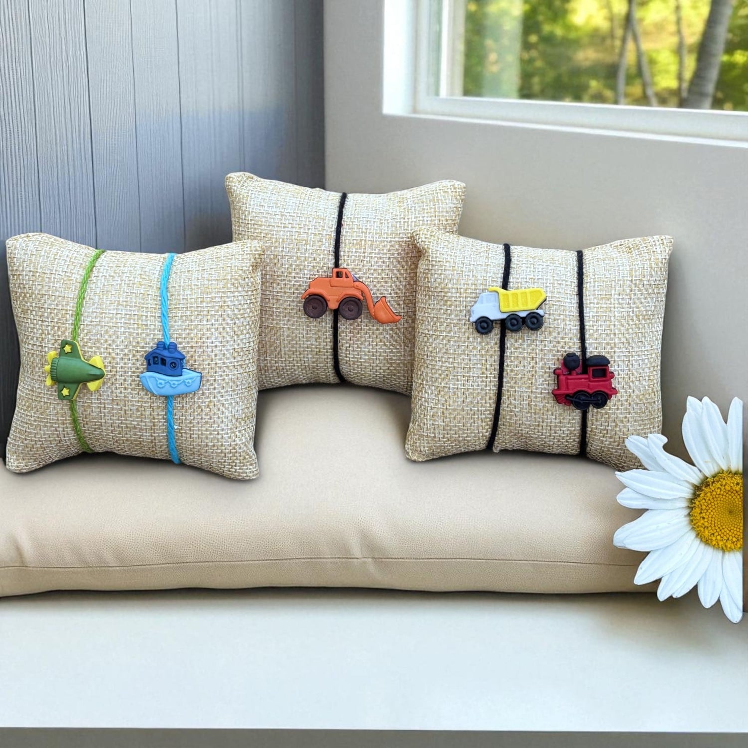 Cartoon Rakhi for Brother with Greeting Card Fun Airplane, Boat, and Train Design Thread for Bhai Colorful Raksha Bandhan Rakhi Combo for Bahiya - Cute Rakhi for Rakshabandha - LoveNspire