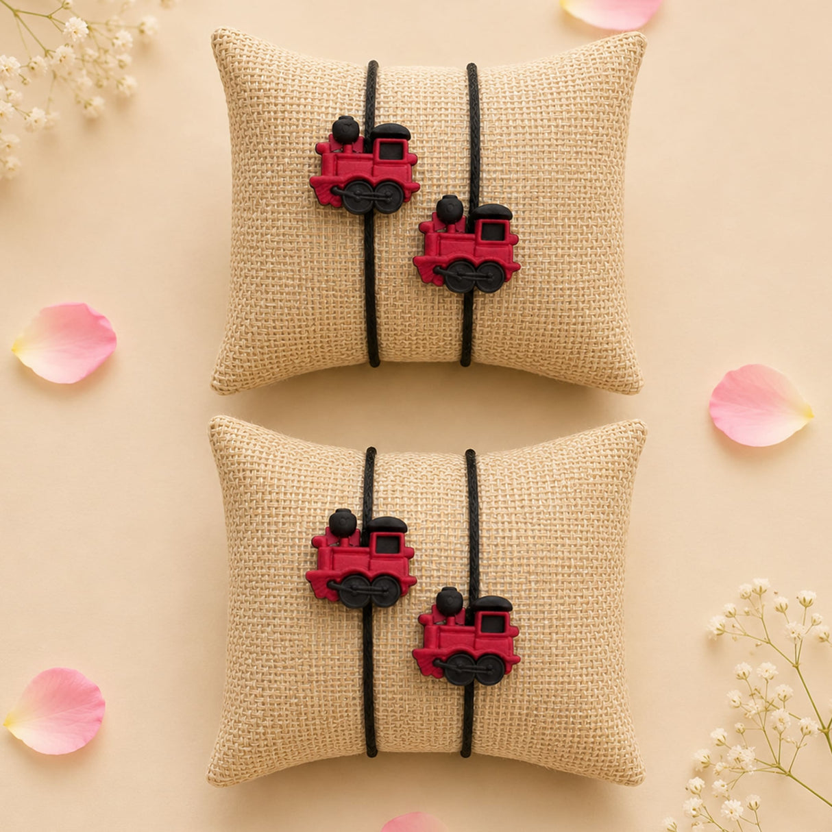 Cartoon rakhi for brother featuring red and black plastic train-shaped ring holders on burlap pillows