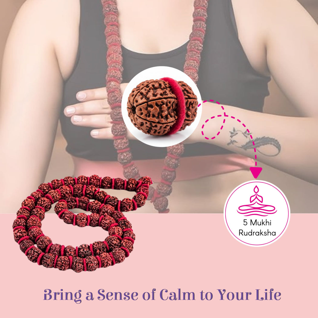 54-bead Panchmukhi Rudraksha Kantha Mala with red cord, back view