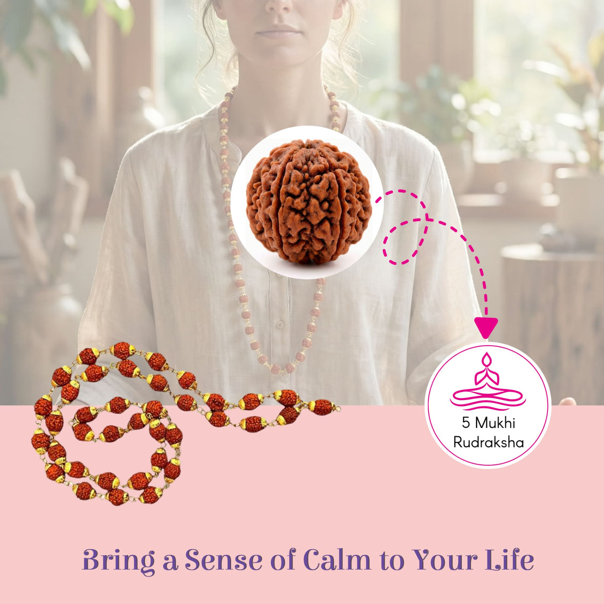 Certified 54-bead 5-face rudraksha mala with brown textured beads, gold spacers