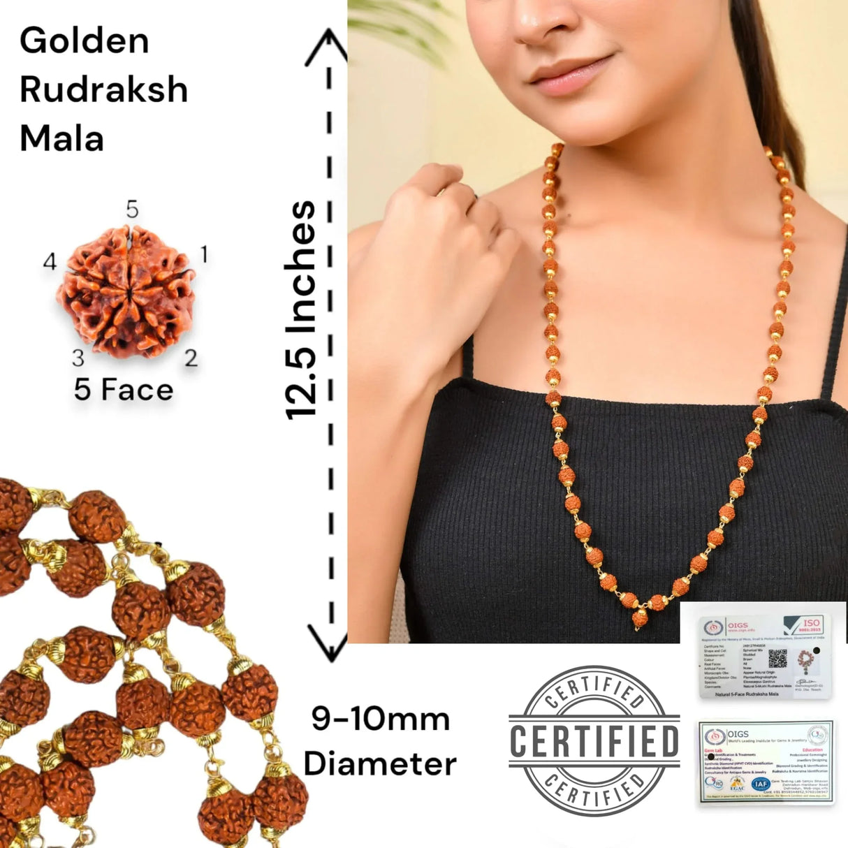 Certified Rudraksha Mala 5 Face (panchmukhi) Authentic Genuine Rudraksh Beads Rosary Japa Mala Bead Necklace Puja Prayer Meditation Beads Gold/silver Plated Mala for Men Women (1 Pcs) - LoveNspire