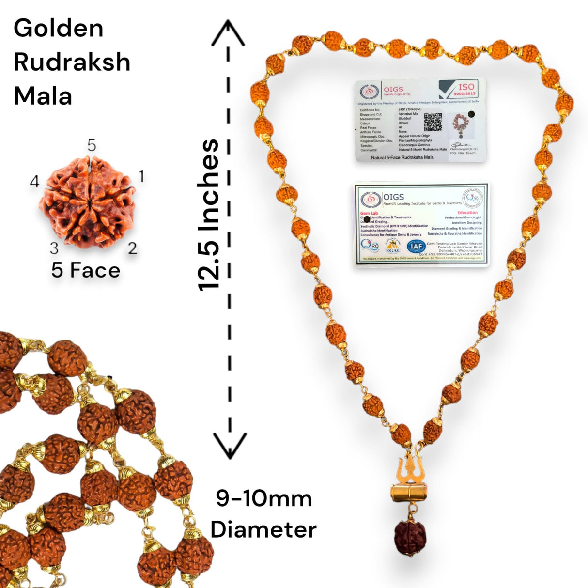 Certified Rudraksha Mala 5 Face (panchmukhi) Authentic Genuine Rudraksh Beads Rosary Japa Mala Bead Necklace Puja Prayer Meditation Beads Gold/silver Plated Mala for Men Women (1 Pcs) - LoveNspire