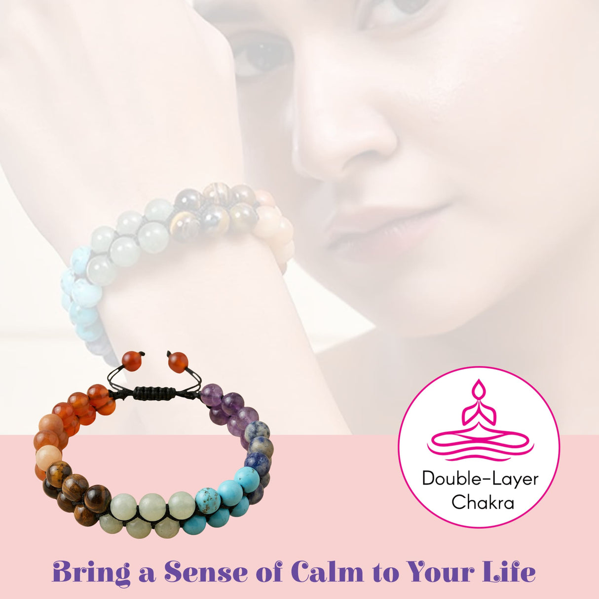 A double-layer chakra bracelet for men and women with smooth round earthy tone beads on black adjustable cord