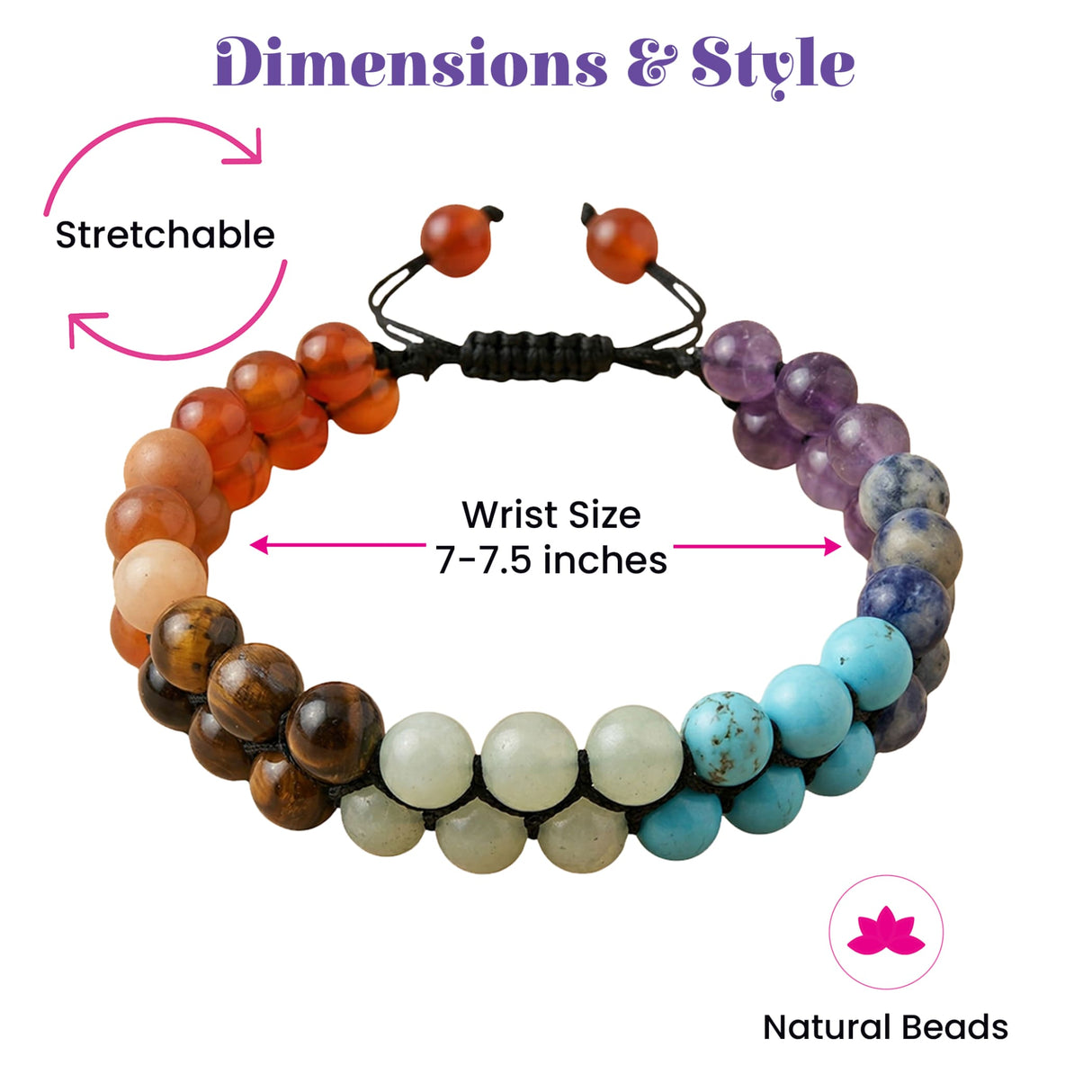 A stretchable double-layered chakra bracelet with natural orange purple blue brown and cream beads for meditation and healing