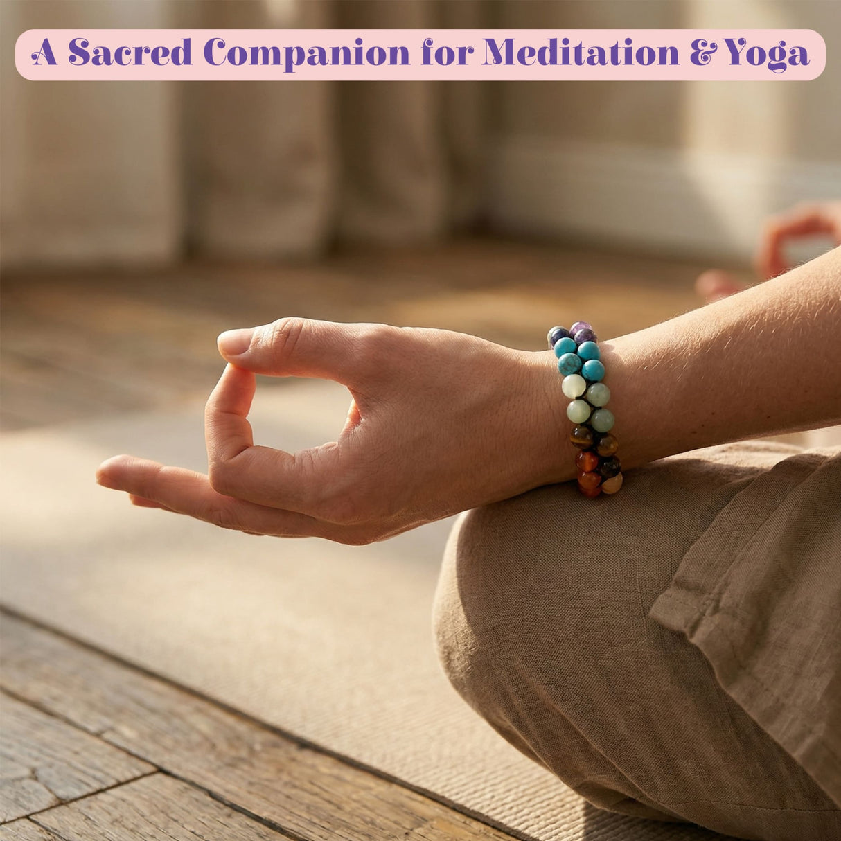 Chakra bracelet for men and women featuring colorful turquoise green and brown natural stones worn during meditation
