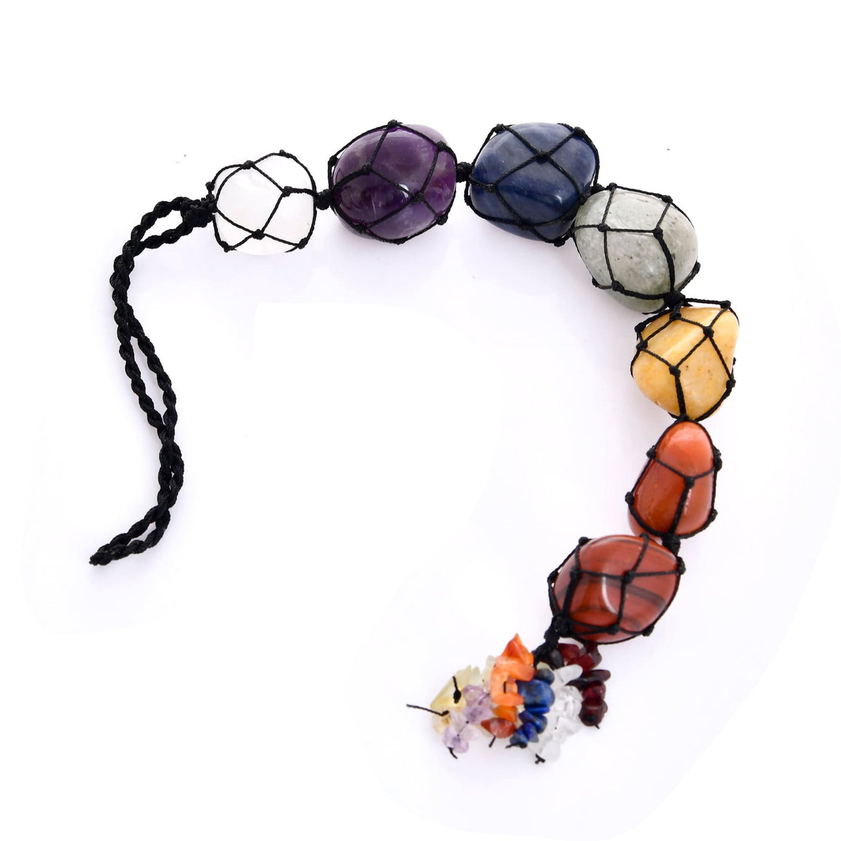 Chakra stone pendant with macrame netting for Reiki healing and spiritual decor