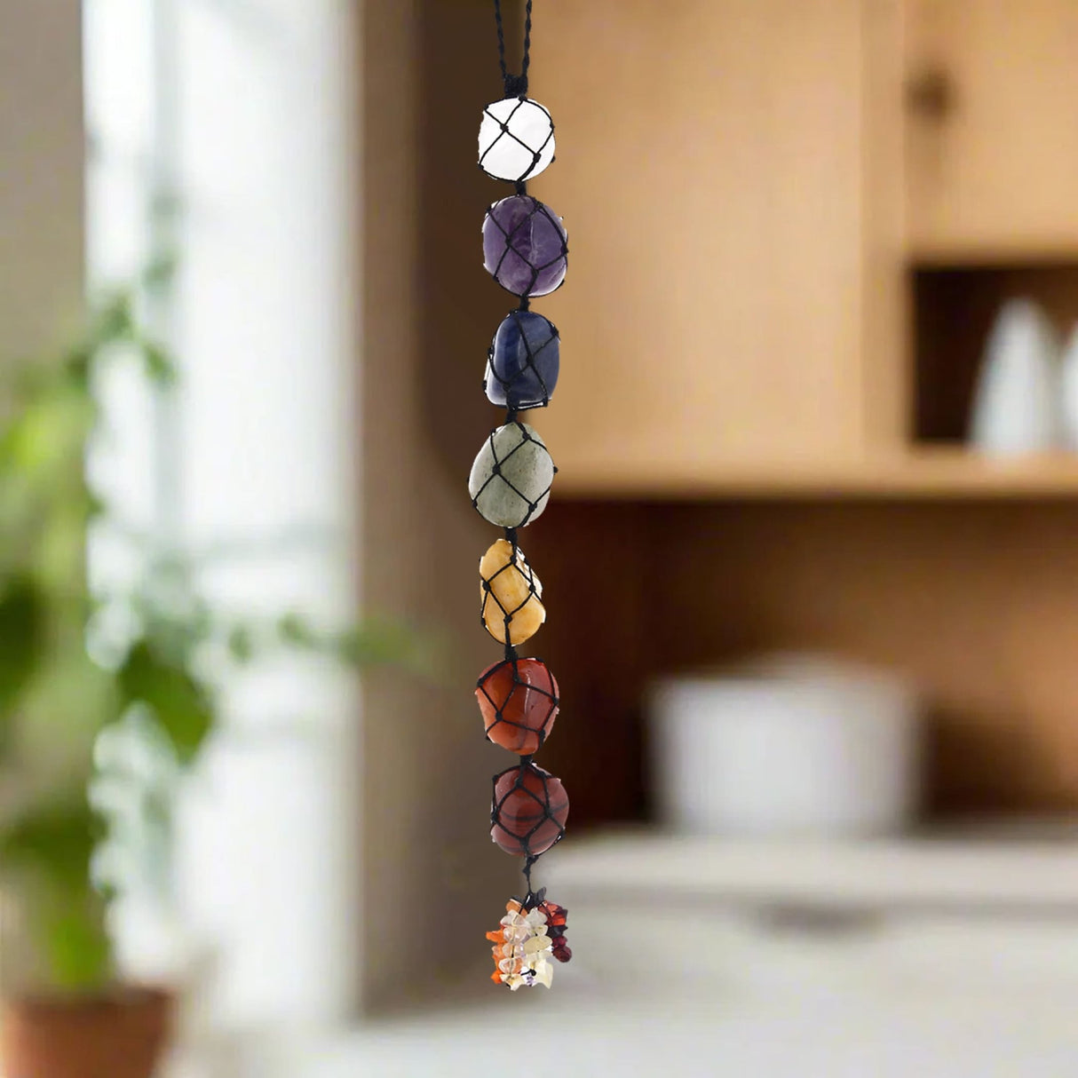 Hanging chakra crystal decoration with gemstones and tassels for meditation and Feng Shui