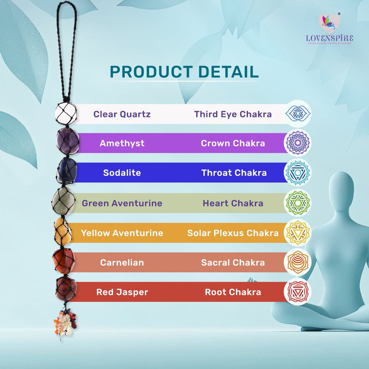 Chakra crystal pendant with chakra information for Reiki healing and spiritual energy balancing