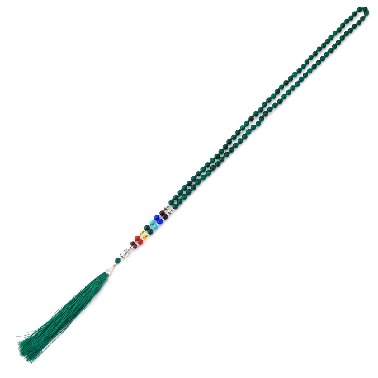 Green beaded mala necklace with tassel for meditation and spiritual healing