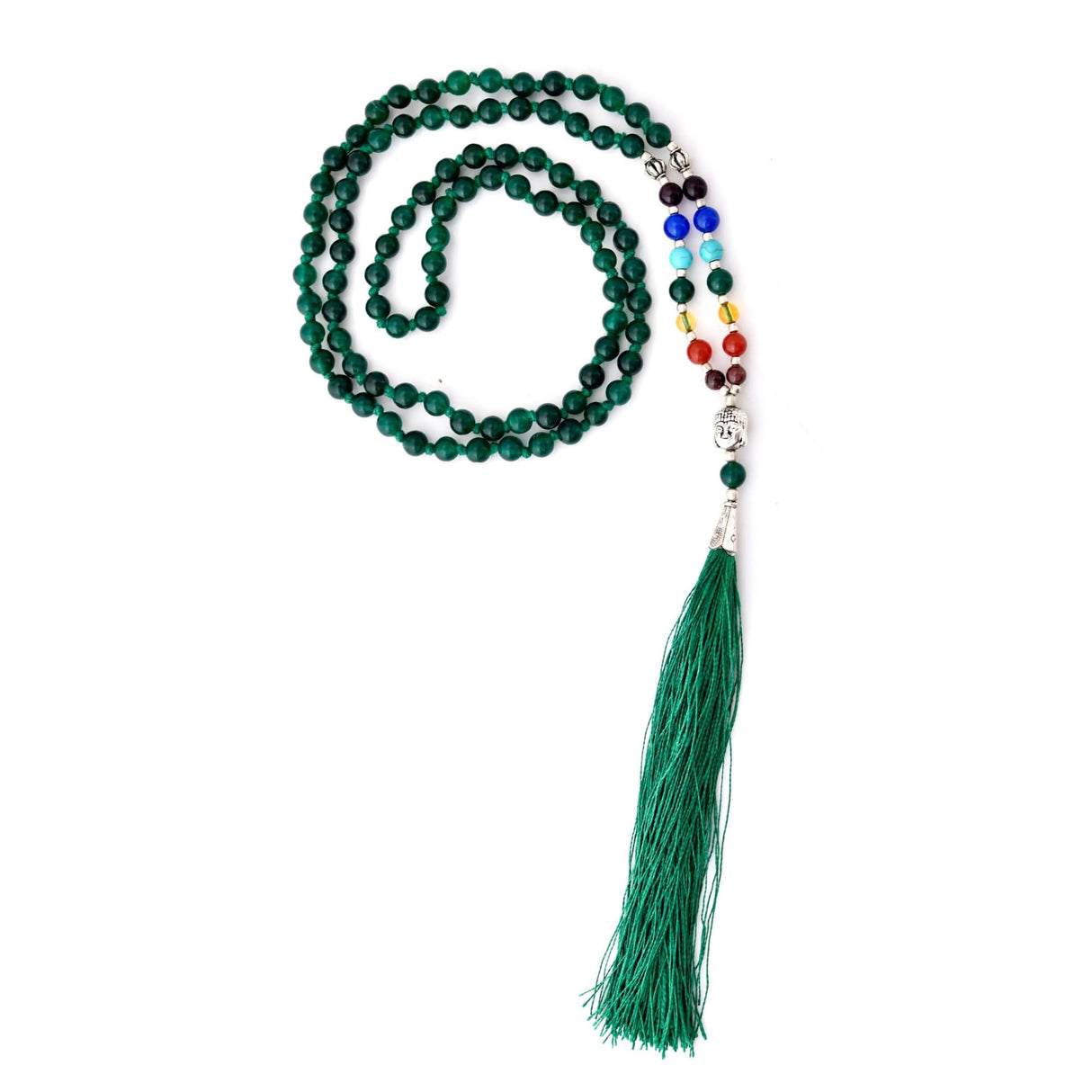 Green beaded mala necklace with tassel for meditation and spiritual healing