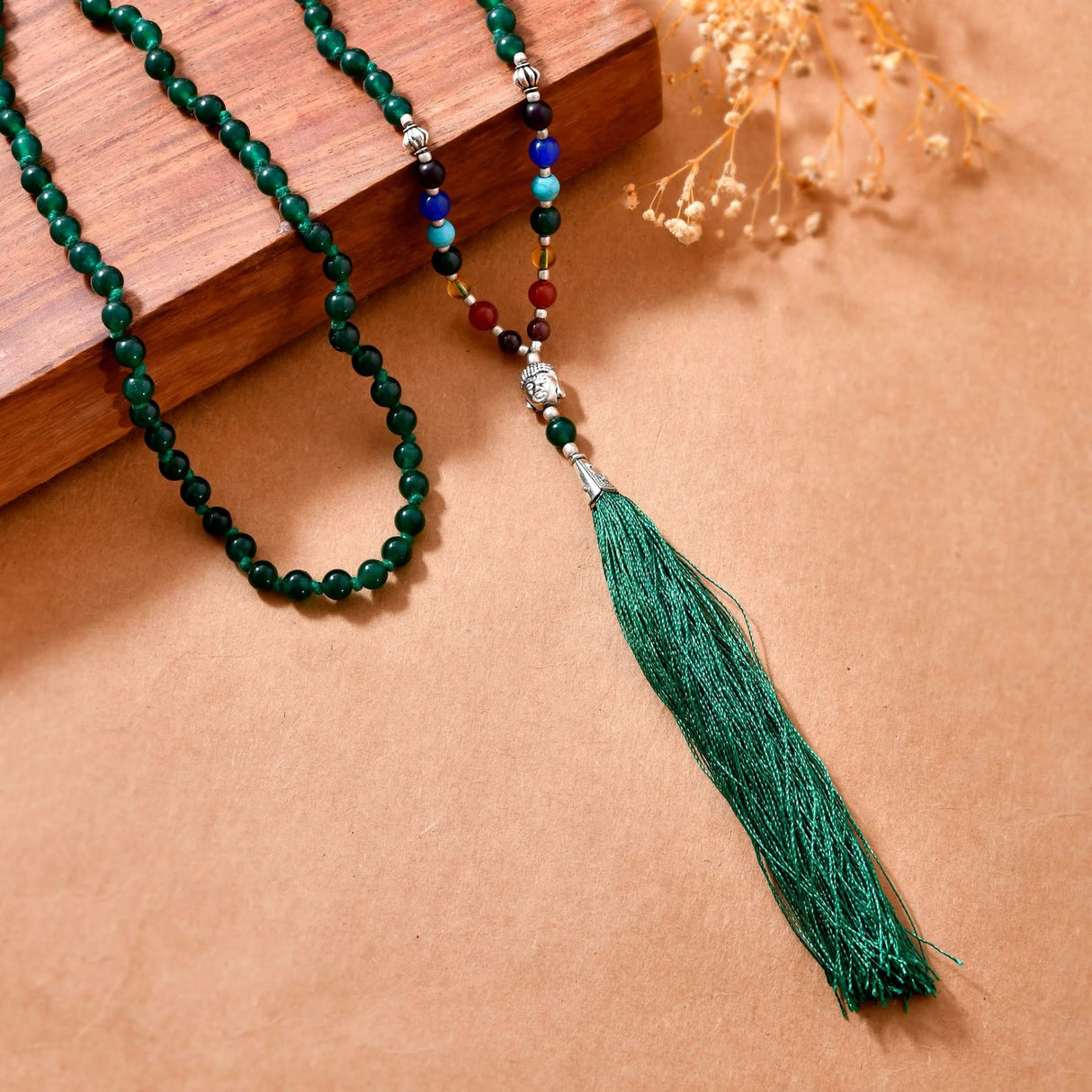 Green beaded tassel necklace from LOVENSPIRE 108 Mala Beads Chakra Prayer Jewelry