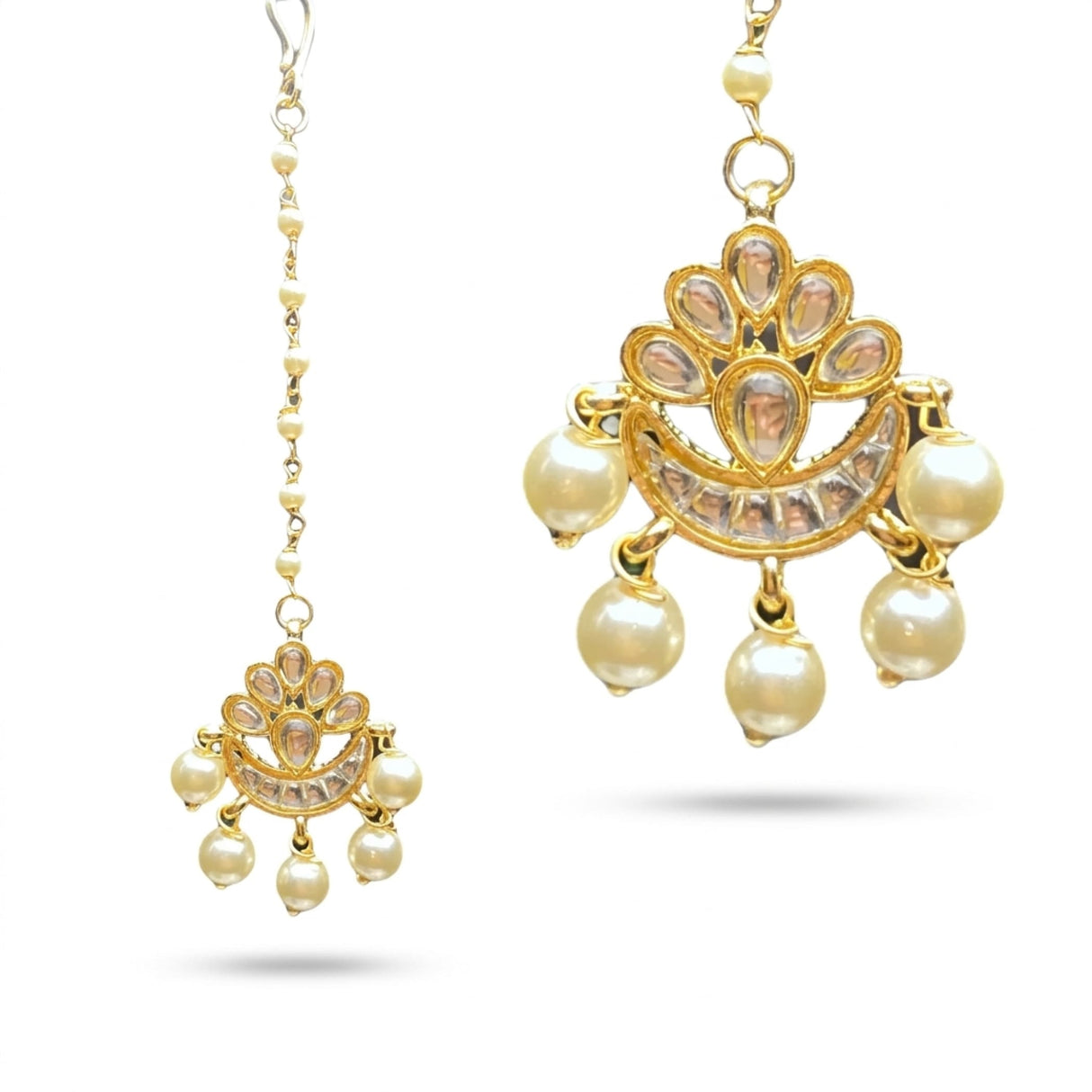 Gold-plated Chand Tikka maang tikka with clear stones and pearls