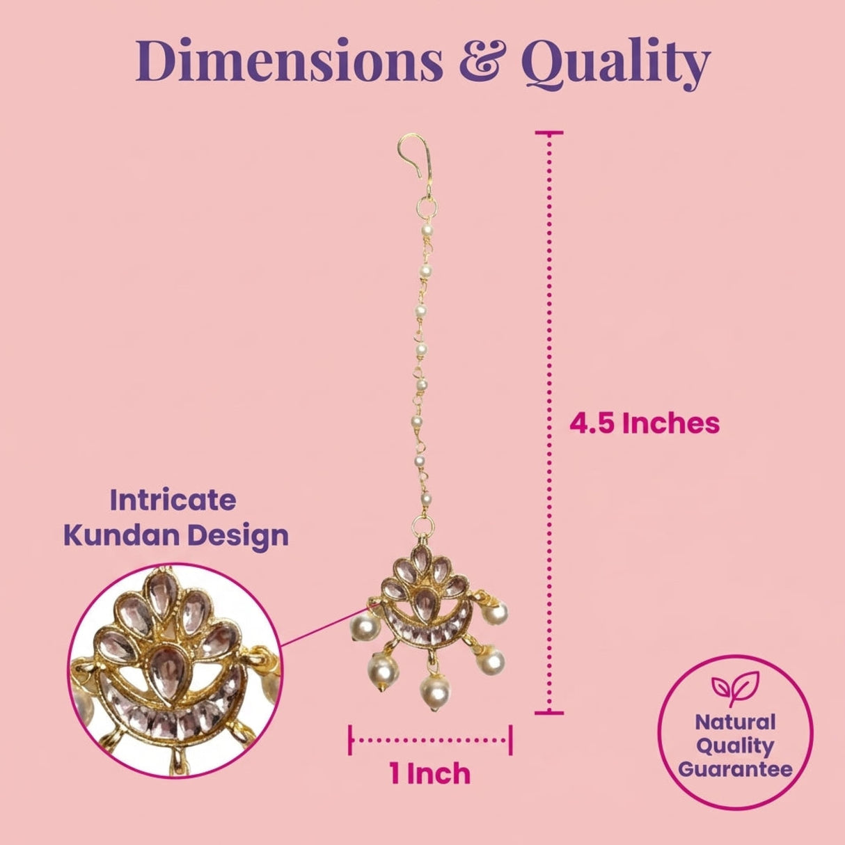 Gold-plated Chand kundan maang tikka with floral design, stones, pearls