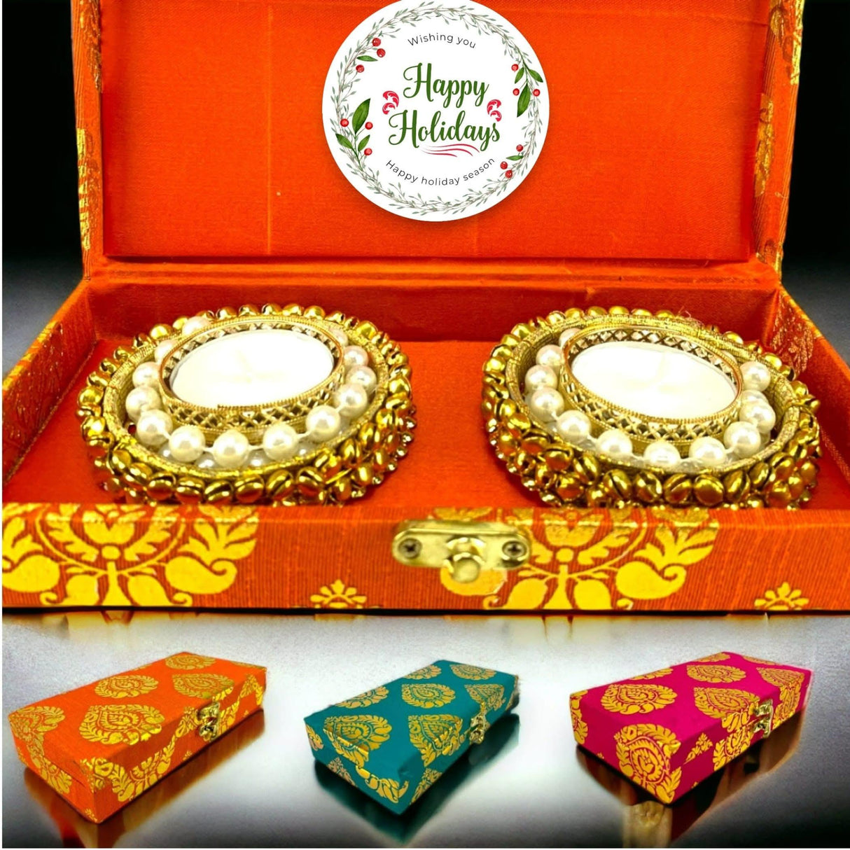 Diwali Gift Hamper Indian Festival Brocade Box with Tealight Candle Holders Christmas Gift Box Deepawali Hampers for Employees Home Office Friends Family Relatives - Return Gifts Items - LoveNspire
