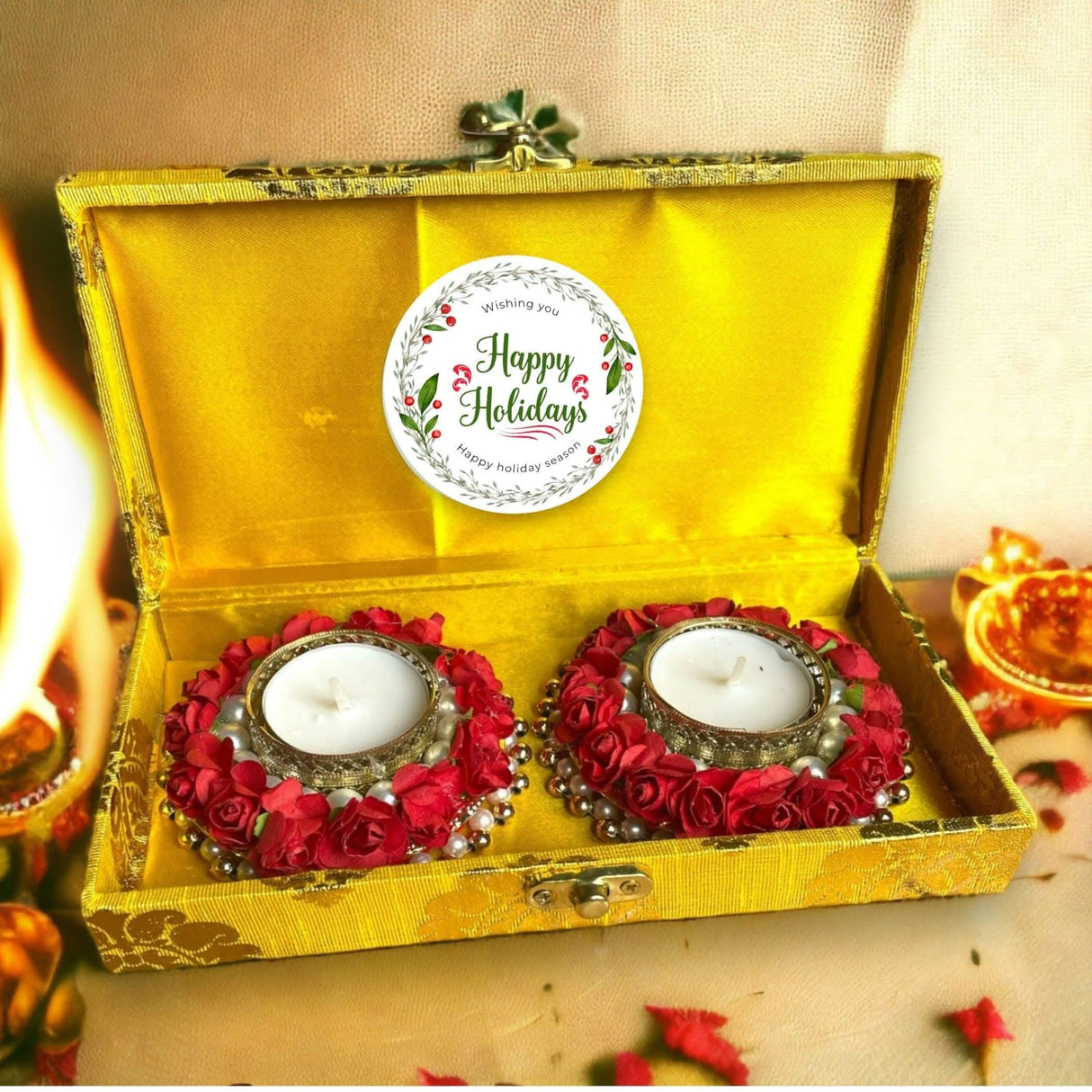 Diwali Gift Hamper Indian Festival Brocade Box with Tealight Candle Holders Christmas Gift Box Deepawali Hampers for Employees Home Office Friends Family Relatives - Return Gifts Items - LoveNspire