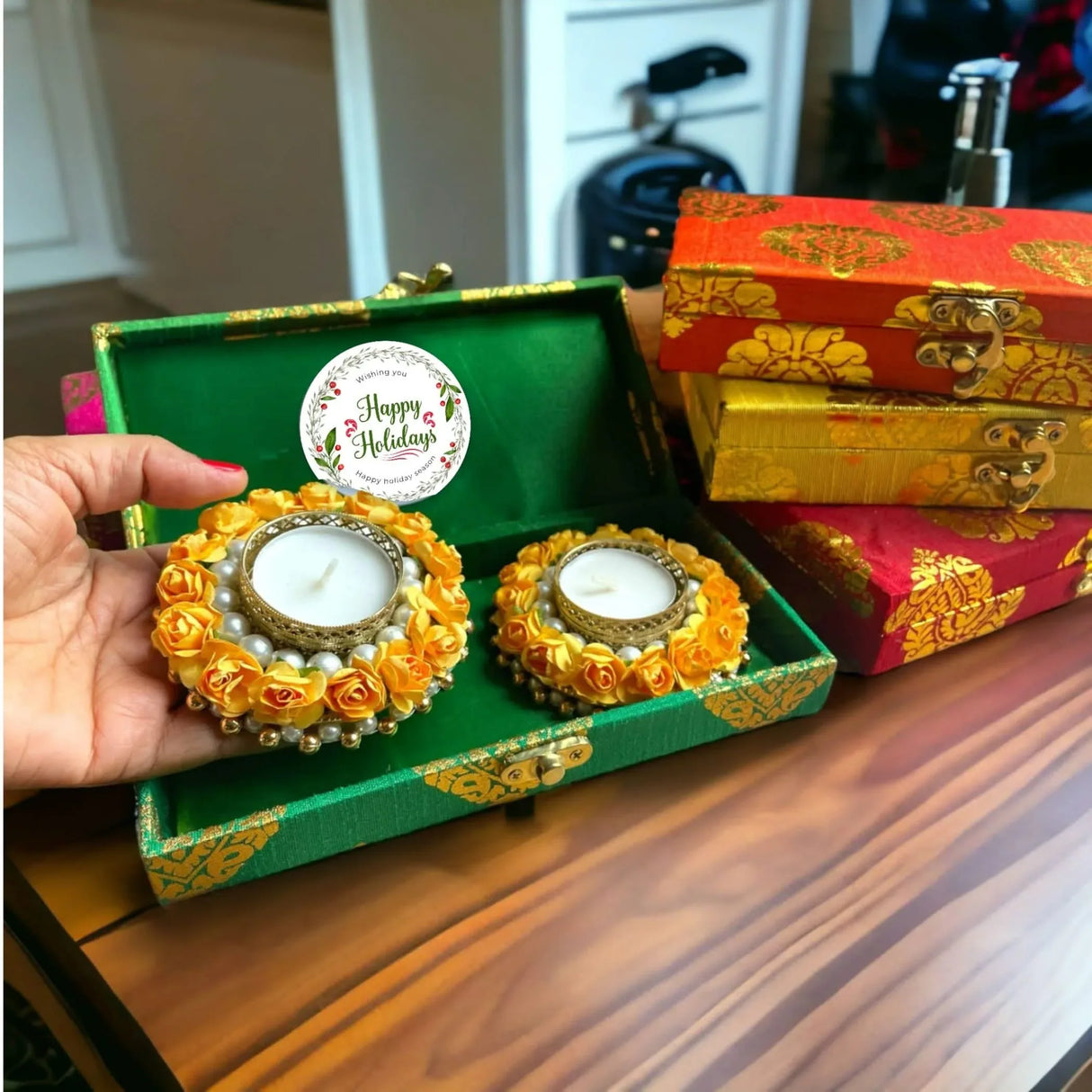 Diwali Gift Hamper Indian Festival Brocade Box with Tealight Candle Holders Christmas Gift Box Deepawali Hampers for Employees Home Office Friends Family Relatives - Return Gifts Items - LoveNspire