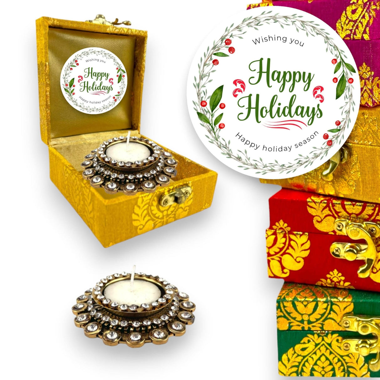 Diwali Gift Hamper Indian Festival Brocade Box with Tealight Candle Holders Christmas Gift Box Deepawali Hampers for Employees Home Office Friends Family Relatives - Return Gifts Items - LoveNspire
