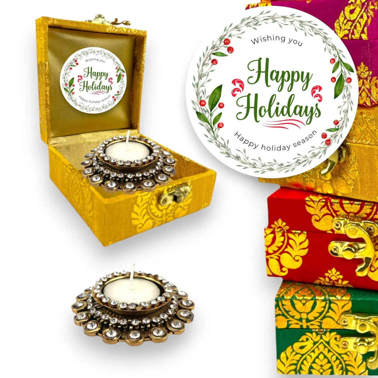 Diwali Gift Hamper Indian Festival Brocade Box with Tealight Candle Holders Christmas Gift Box Deepawali Hampers for Employees Home Office Friends Family Relatives - Return Gifts Items - LoveNspire